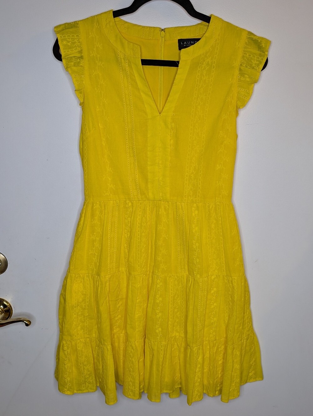 Laundry By Shelli Segal Sunny Yellow Embroidered Lined Dress Size 2 Cotton